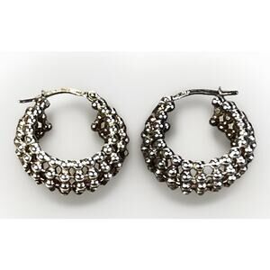 Sterling Silver Beaded Hoop Earrings – Ball Bead Granulated Design – Italy- 6.0g